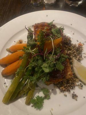 Wild Pacific Salmon with mixed vegetables and quinoa. Great sauce/favor!