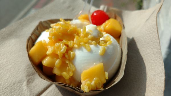 Sticky rice with Coconut ice cream topped with fresh Mango.  OMG!