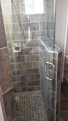 Shower door and glass half wall.