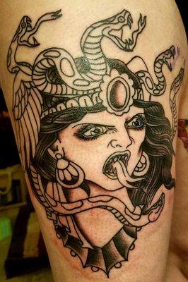 Freshly done Traditional Style Medusa the Gorgon (Unfinished) by Damian Cusumano at Oregon Tattoo Company