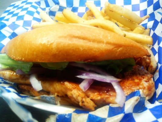 Teriyaki Chicken Sandwich (teriyaki glaze, grilled pineapple rung, wasabi mayo, lettuce, tomato, red onion) and Crack Fries