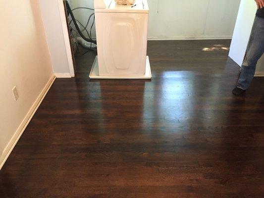 Dark is in! Home in Atlanta, 50 year old floors went from ugly natural to silky dark walnut.