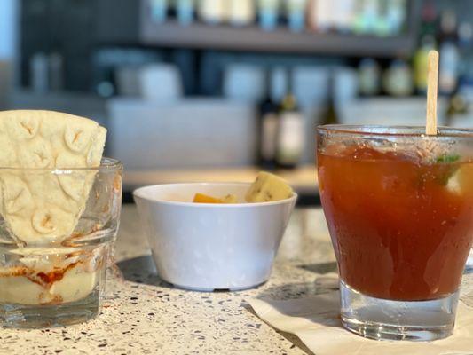 Hummus, cheese cup, bloody mary