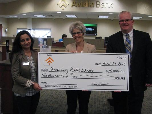 The recent donation to the new Shrewsbury Public Library from the Avidia Charitable Foundation.