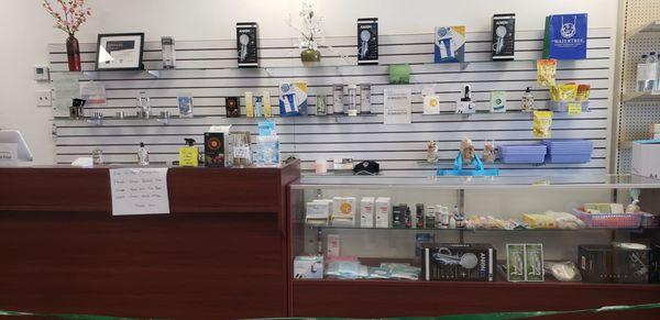 Store counter, they also have washable reusable nano face mask and rubbing alcohol