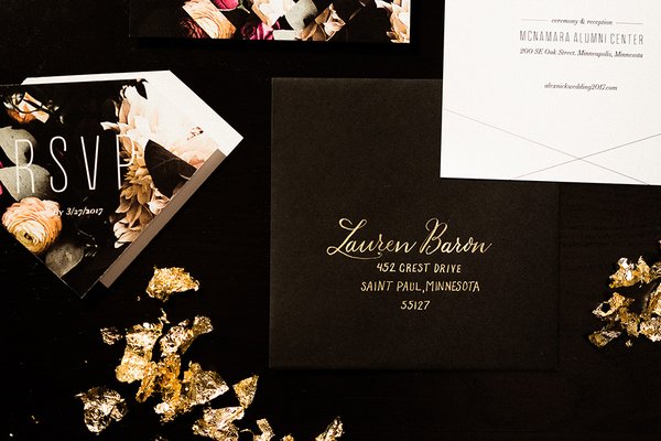 Geometric Florals gold calligraphy address envelope and RSVP