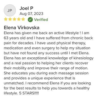 5-star customer review for Elena, our owner, and licensed massage therapist!