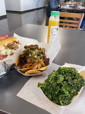 Jackfruit slider, jackfruit nachos, kale salad