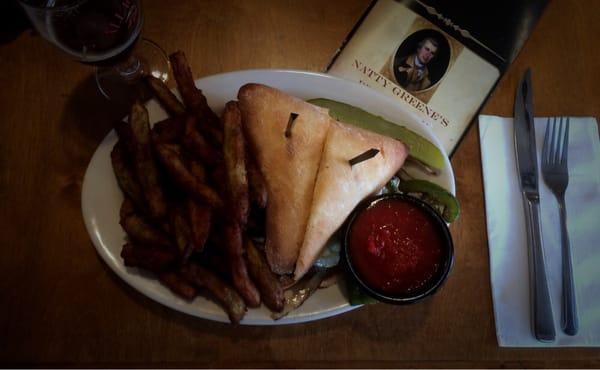 Steak tip sandwich with the very interesting and "feels like I'm eating something healthy" eggplant fries.