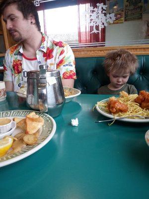 Son & grandson having dinner with Nana and Papa.