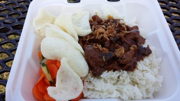 ayam semur - chicken breast, carrot, green bean in a sweet soy sauce w. rice, acar (pickled veg), & krupuk (prawn crackers)