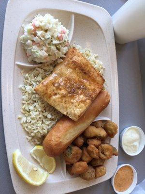 Peppered salmon, rice, okra also call slaw.