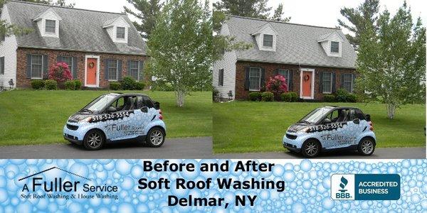 Before & After of our Soft Roof Cleaning! This service is about protecting the integrity of your Roof. We will kill all algae, moss, mold!!