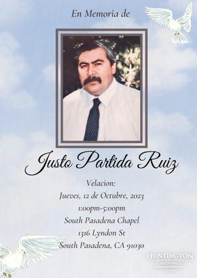 Assisting the Partida Ruiz family with there loved ones Funeral Service. Thank you for entrusting us with his care.