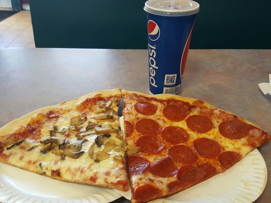 Two big slices with toppings and large soda $5.50.