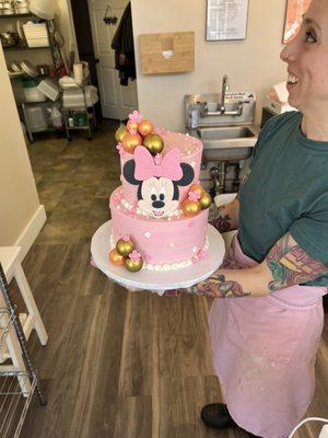 My daughters third birthday cake, and the second Minnie Mouse cake in a row