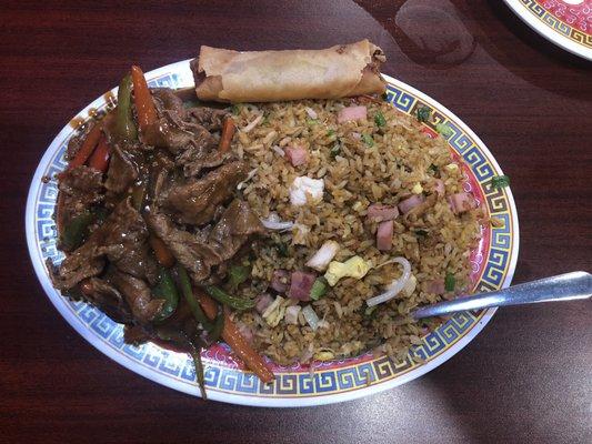 Combo platter w pepper beef, fried rice, and lumpia