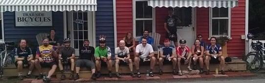 A group of riders on the Erie Canal stopping in at Trailside Bicycles for ice cream.