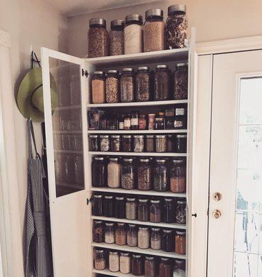 This is years of collecting jars, but this organization of dried goods, herbs, grains makes my life so much simpler and keeps the bugs away.