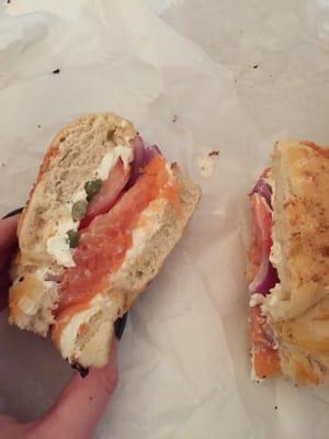 Lox and cream cheese on Asiago bagel