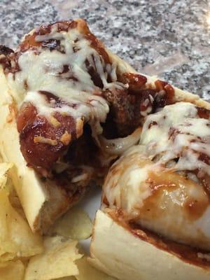 Meatball bomb sub ... Meatball, Bacon, BBQ sauce and cheese= yummy!!