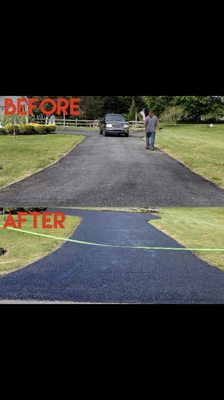 Before and after of a driveway we seal coated