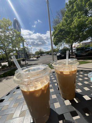 Iced vanilla and iced brown sugar cinnamon lattes