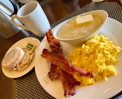 My Kind of Perfect Breakfast - savory grits, crispy bacon, creamy scrambled, toasted muffin, a pot of robust coffee! (January, 2023)