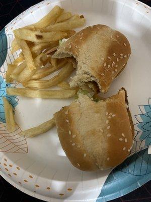 Chicken sandwich with old bread & old fries