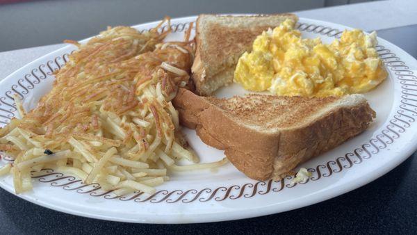 Cheesy eggs hash browns.