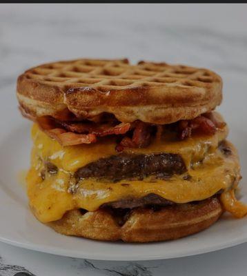 Washburn cheeseburger on homemade waffles