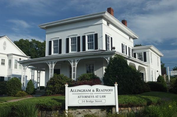 Office of Allingham & Readyoff, LLC, situated at the south end of the historic New Milford, CT Green.