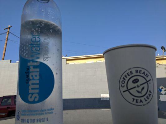 Vegan sparkling smartwater and decaf ice coffee bean