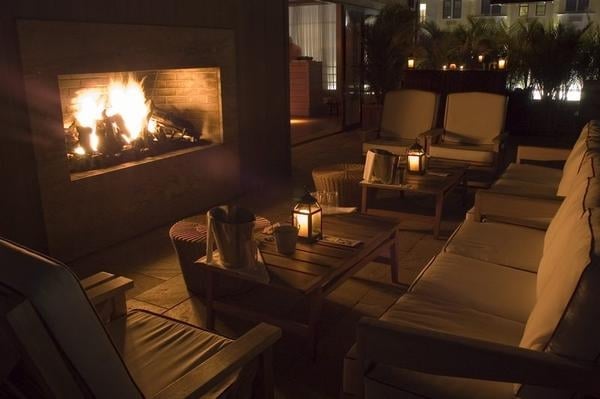 Outdoor fireplace and seating area