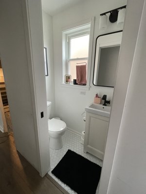 New bathroom converted from a small pantry & even smaller water closet (a toilet in a room, not even a sink!)