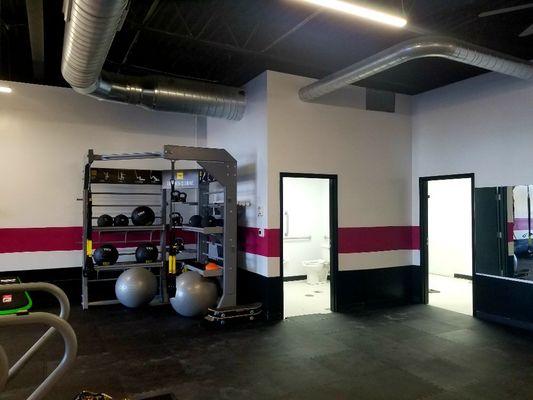 View of TRX station and open floor for classes and bootcamps.