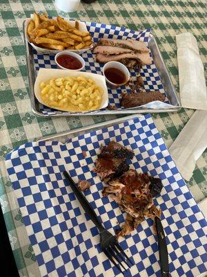 3 Meat Plate with 2 Sides. Brisket, pulled pork, Turkey.