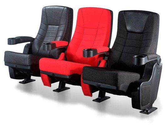 New Movie theater chairs and seating for sale. Modern chairs, true rockers with a lift up cup holder armrest. Many used chairs for sale too.