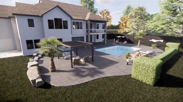 3D backyard rendering with  the kitchen, master bedroom, and deck overlooking.