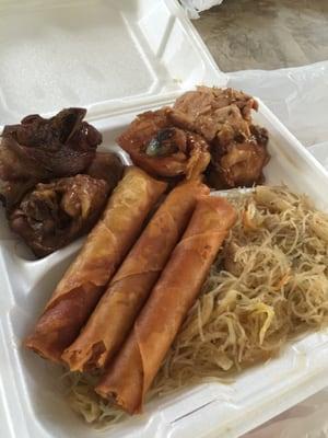 Pancit, lumpia, chicken adobo and another flavored chicken..very good!!