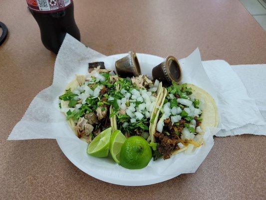 2 fajita and 1 pastor taco. Pay 1st then give order to counter. The cashier doesn't know what meats are served.