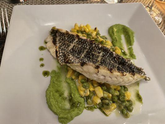 Black Seabass with corn and pea succotash.