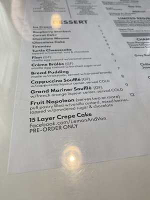 Dessert menu