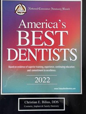 Dr. Christian Bilius of Ridgefield Dental Arts was recognized again as on of America's Best Dentists!