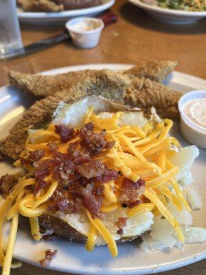 Loaded baked potato and catfish filets