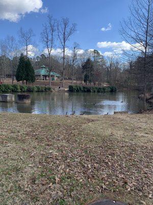 Pond with playground and pavilion in the background