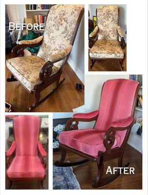 Jose reupholstered this centry old family rocking chair and gave it new life.