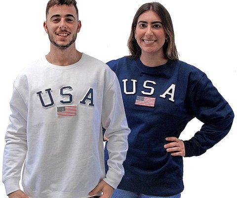 USA-Embossed UNISEX Crewneck Fleece Sweatshirt; Style # 4000-USA; Colors: White & Navy; Blend: 60% Cotton / 40% Poly; Sizes: S thru XL & 2X.