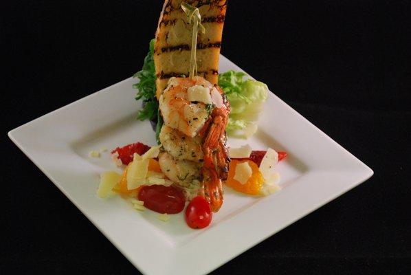 Marinated Shrimp Tower with Fresh Vegetables, Cheese and fruit