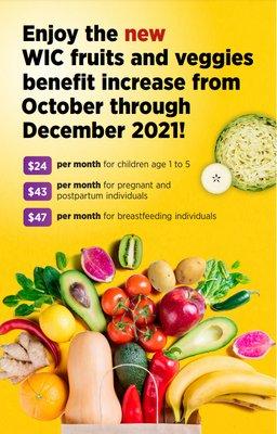 Great news! There is an increase cash value for fruits and vegetables to your WIC card until December 2021! Join WIC and refer a friend!